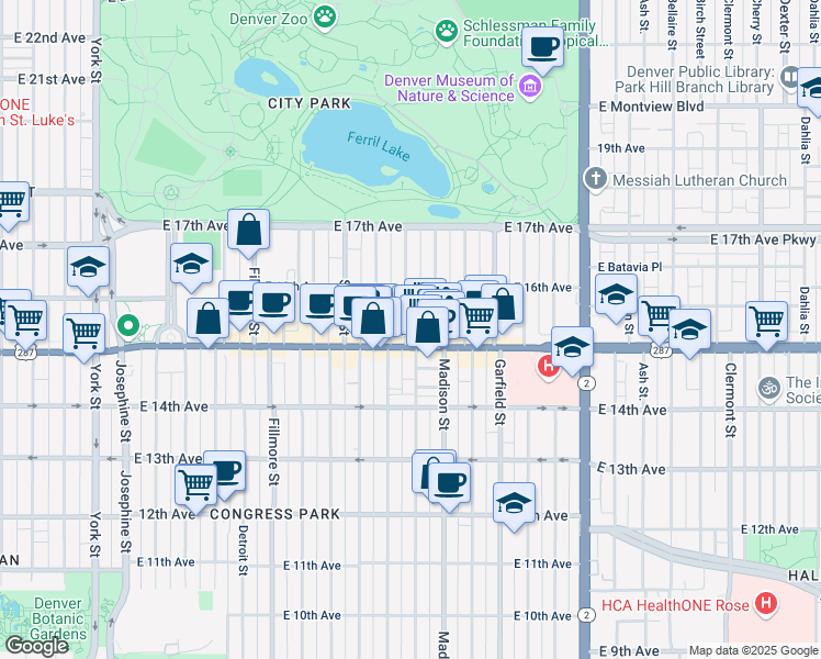 map of restaurants, bars, coffee shops, grocery stores, and more near 1548 Cook Street in Denver