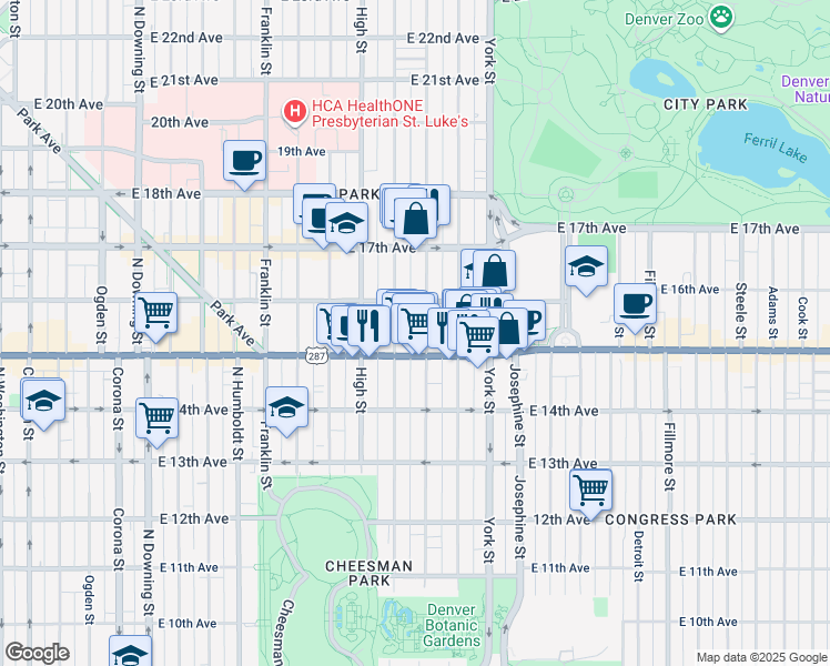 map of restaurants, bars, coffee shops, grocery stores, and more near 1555 Vine Street in Denver