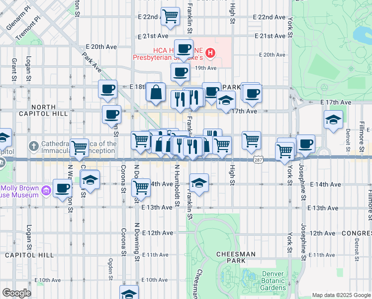 map of restaurants, bars, coffee shops, grocery stores, and more near 1544 Franklin Street in Denver
