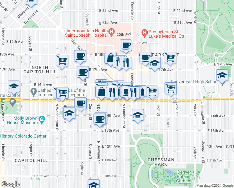 map of restaurants, bars, coffee shops, grocery stores, and more near 1526 Lafayette Street in Denver