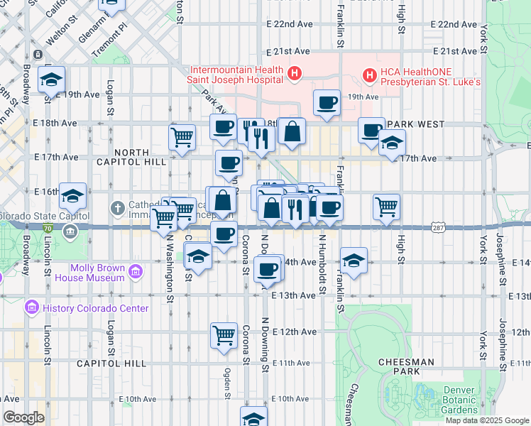 map of restaurants, bars, coffee shops, grocery stores, and more near 1544 North Downing Street in Denver