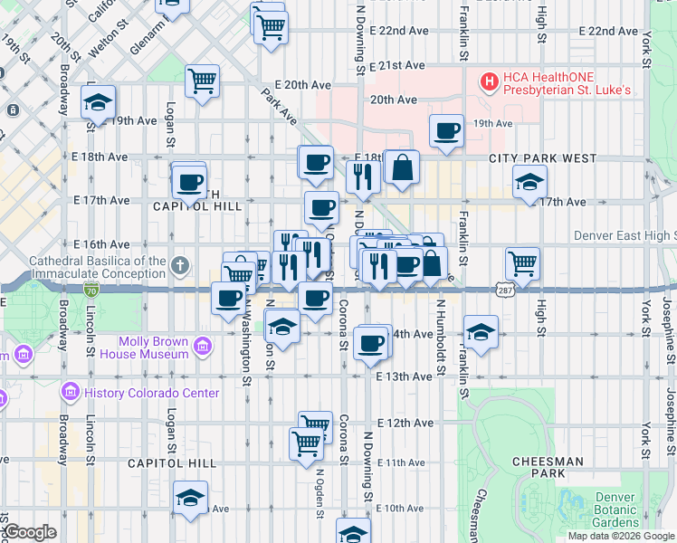 map of restaurants, bars, coffee shops, grocery stores, and more near 1548 North Ogden Street in Denver