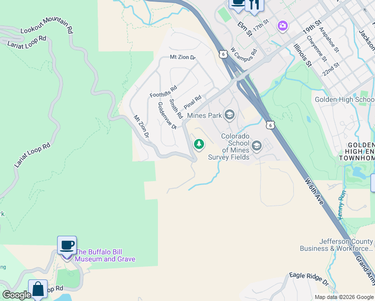 map of restaurants, bars, coffee shops, grocery stores, and more near 2140 Lookout Mountain Road in Golden