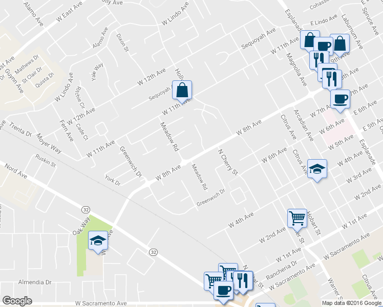 map of restaurants, bars, coffee shops, grocery stores, and more near 839 Rush Court in Chico