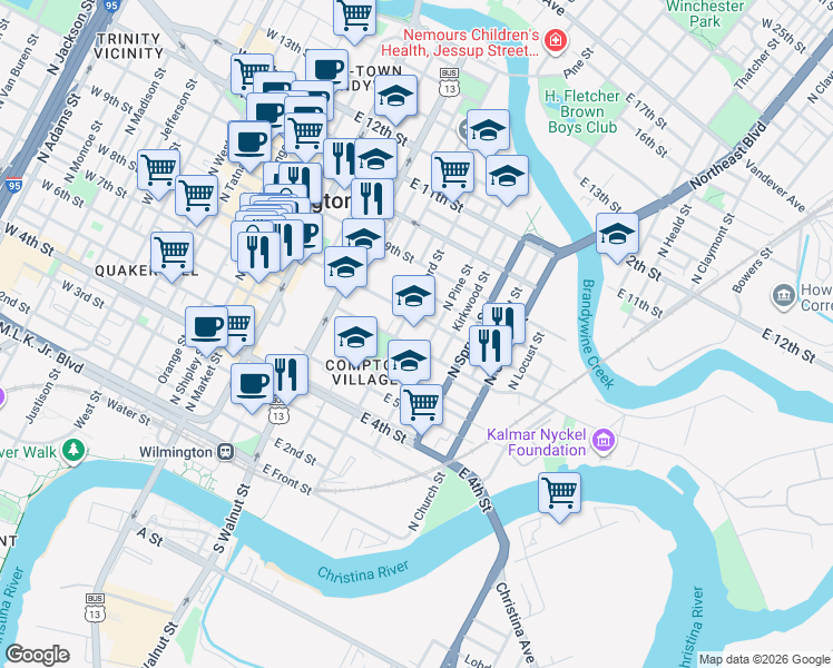 map of restaurants, bars, coffee shops, grocery stores, and more near 925 North Lombard Street in Wilmington