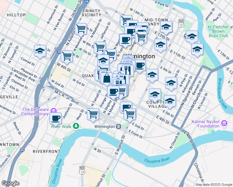 map of restaurants, bars, coffee shops, grocery stores, and more near 409 North Shipley Street in Wilmington