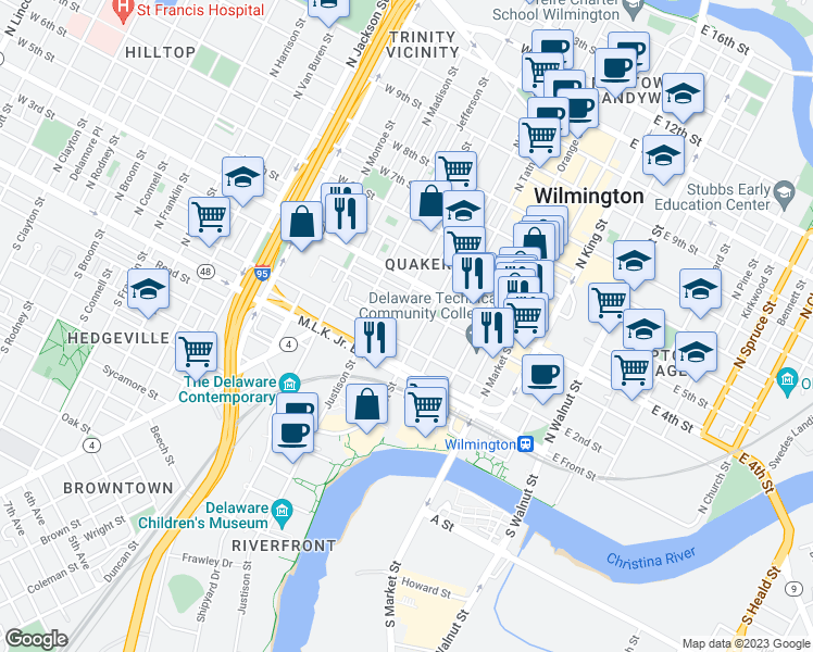map of restaurants, bars, coffee shops, grocery stores, and more near 401b West 3rd Street in Wilmington