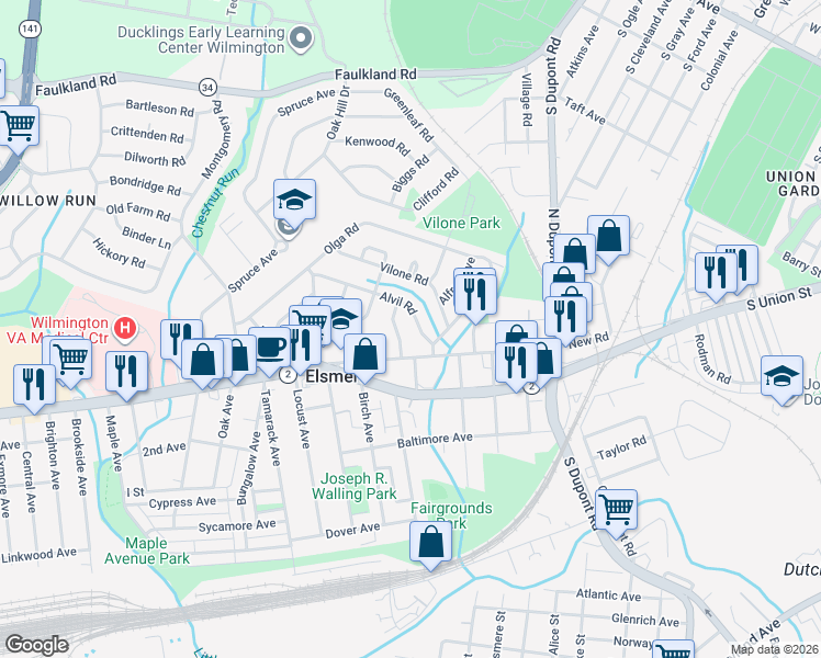 map of restaurants, bars, coffee shops, grocery stores, and more near 10 Gamble Avenue in Wilmington
