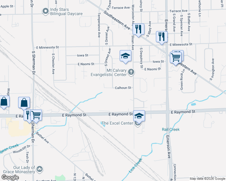 map of restaurants, bars, coffee shops, grocery stores, and more near 4522 Calhoun Street in Indianapolis