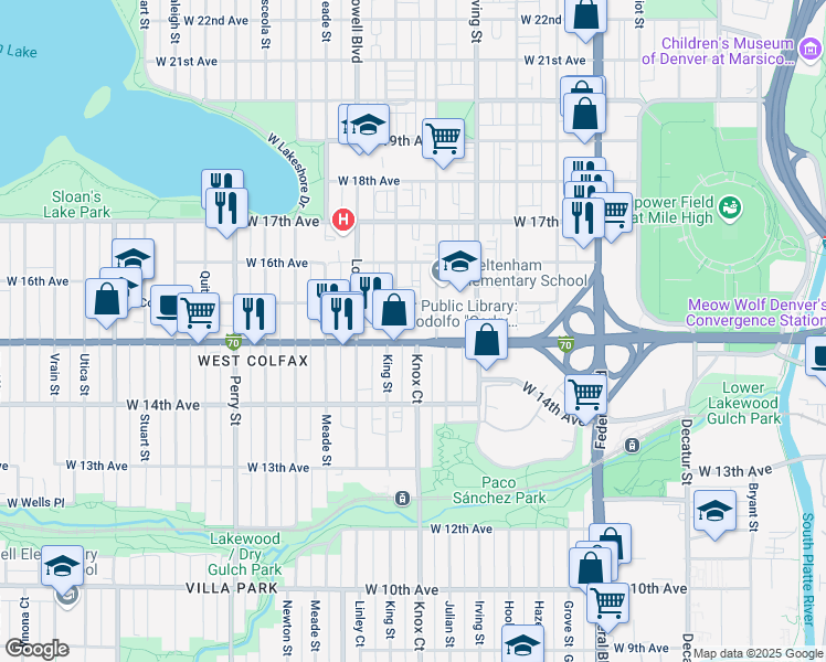 map of restaurants, bars, coffee shops, grocery stores, and more near 1532 King Street in Denver