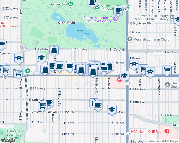 map of restaurants, bars, coffee shops, grocery stores, and more near 1520 Cook Street in Denver