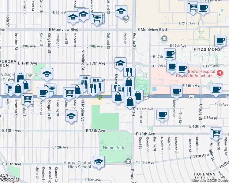 map of restaurants, bars, coffee shops, grocery stores, and more near 1521 Oswego Street in Aurora