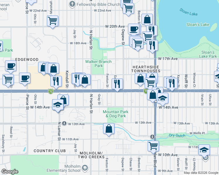 map of restaurants, bars, coffee shops, grocery stores, and more near 5799 West Colfax Avenue in Lakewood