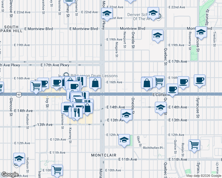 map of restaurants, bars, coffee shops, grocery stores, and more near 1520 Magnolia Street in Denver