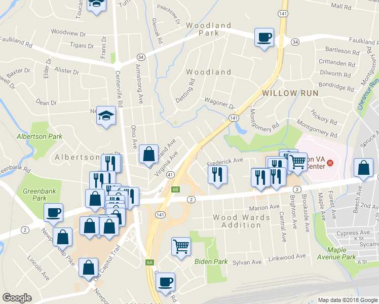 map of restaurants, bars, coffee shops, grocery stores, and more near 2401 Ferris Road in Wilmington