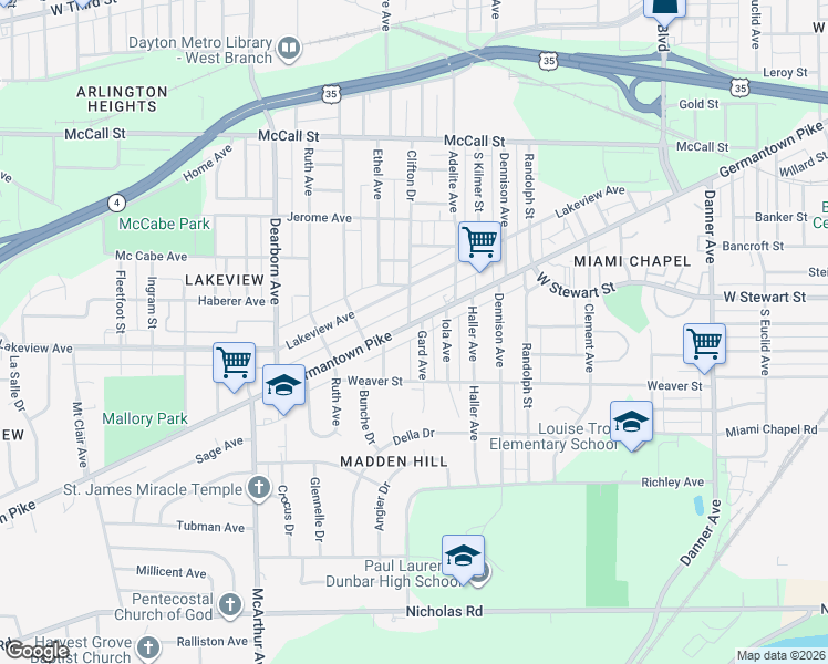 map of restaurants, bars, coffee shops, grocery stores, and more near 2350 Germantown Street in Dayton