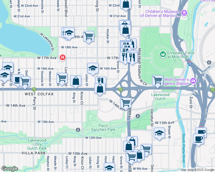 map of restaurants, bars, coffee shops, grocery stores, and more near 1521 Hooker Street in Denver