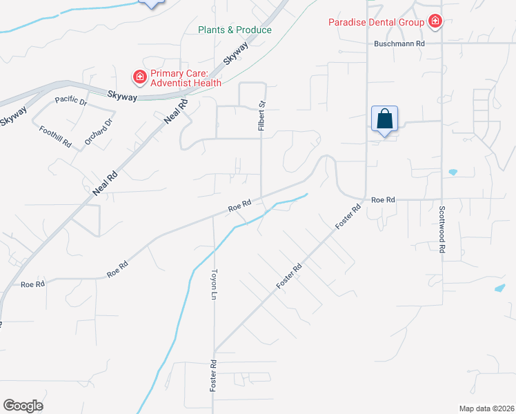 map of restaurants, bars, coffee shops, grocery stores, and more near 5291 Filbert Court in Paradise