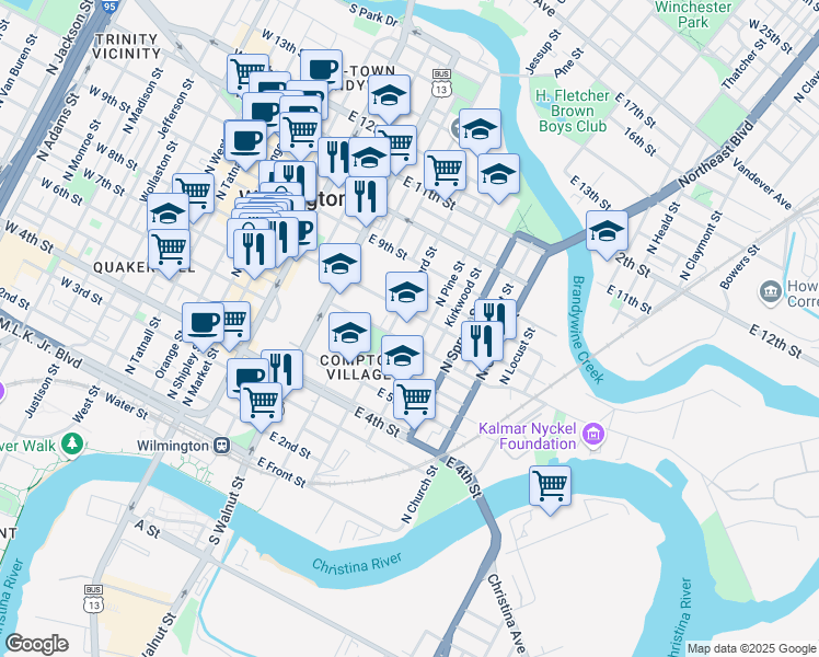 map of restaurants, bars, coffee shops, grocery stores, and more near 600 North Lombard Street in Wilmington