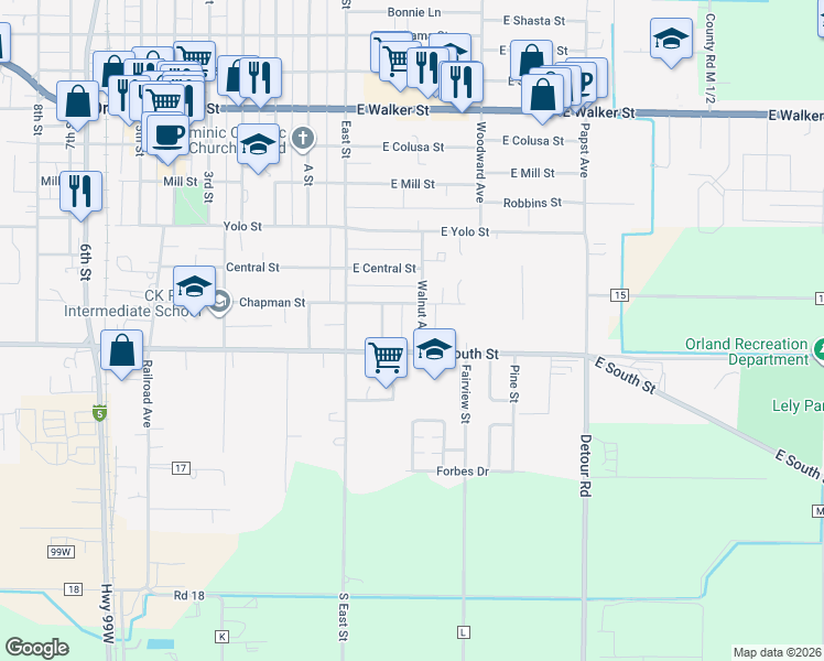map of restaurants, bars, coffee shops, grocery stores, and more near 1215 Walters Street in Orland