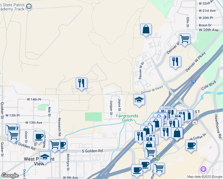 map of restaurants, bars, coffee shops, grocery stores, and more near 15013 Denver West Parkway in Golden