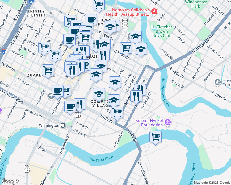 map of restaurants, bars, coffee shops, grocery stores, and more near 700 North Lombard Street in Wilmington