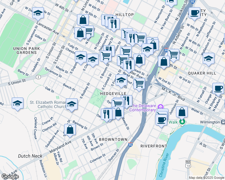map of restaurants, bars, coffee shops, grocery stores, and more near 1228 Linden Street in Wilmington