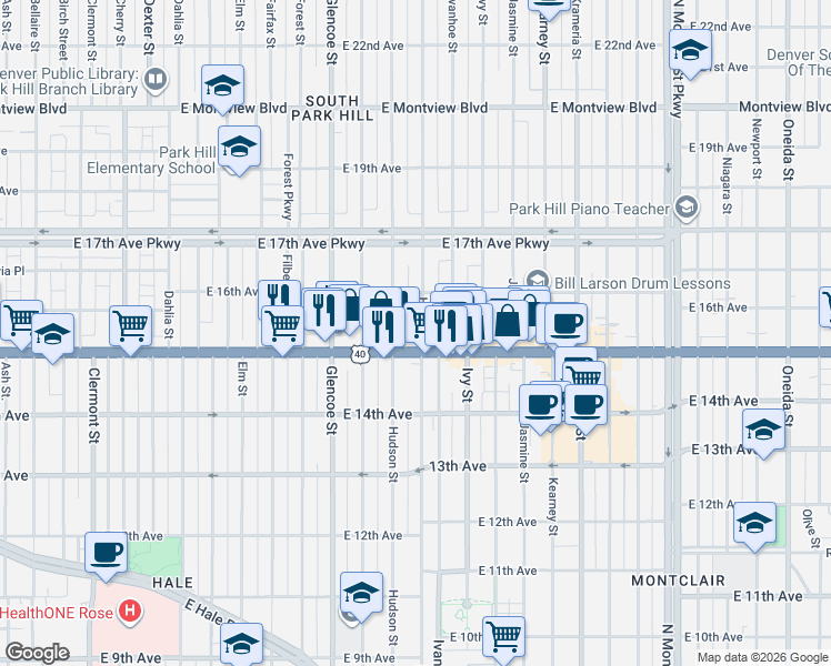 map of restaurants, bars, coffee shops, grocery stores, and more near 1525 Holly Street in Denver