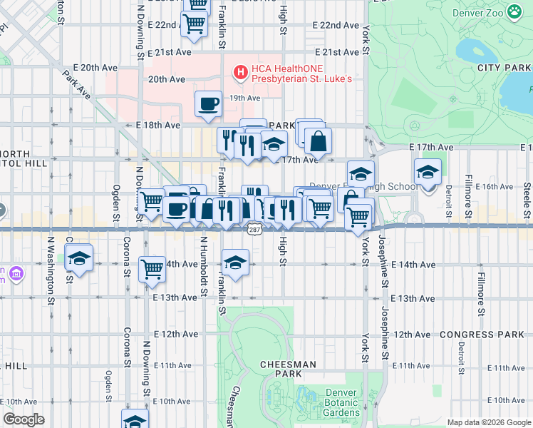 map of restaurants, bars, coffee shops, grocery stores, and more near 1546 North Williams Street in Denver