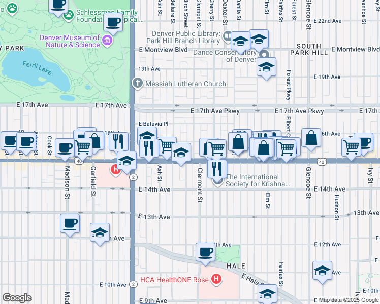 map of restaurants, bars, coffee shops, grocery stores, and more near 1521 Clermont Street in Denver