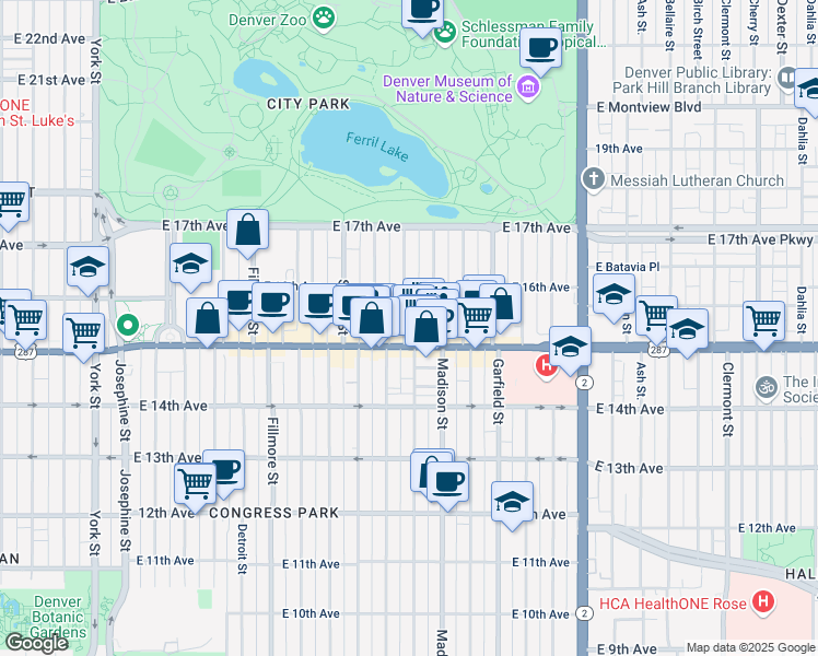 map of restaurants, bars, coffee shops, grocery stores, and more near 1520 Cook Street in Denver