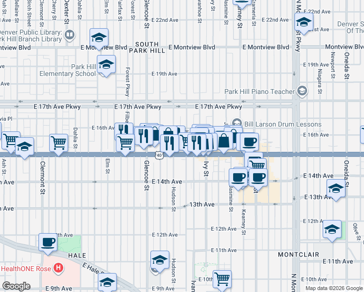 map of restaurants, bars, coffee shops, grocery stores, and more near 1525 Holly Street in Denver