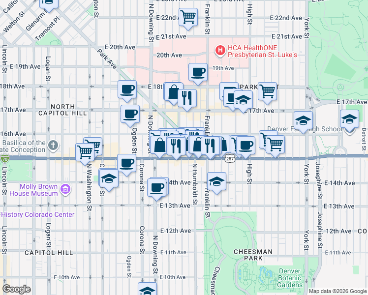 map of restaurants, bars, coffee shops, grocery stores, and more near 1510 Humboldt Street in Denver