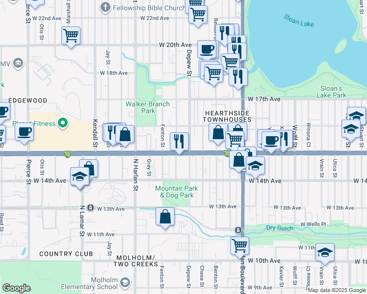 map of restaurants, bars, coffee shops, grocery stores, and more near in Lakewood