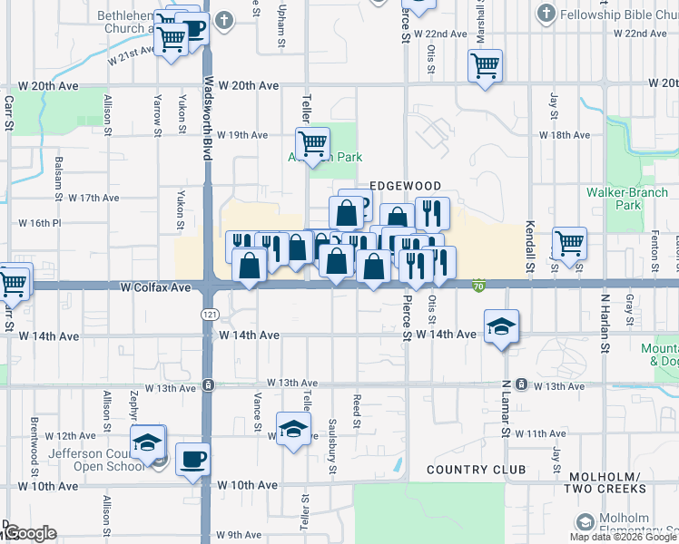 map of restaurants, bars, coffee shops, grocery stores, and more near 7013 West Colfax Avenue in Lakewood
