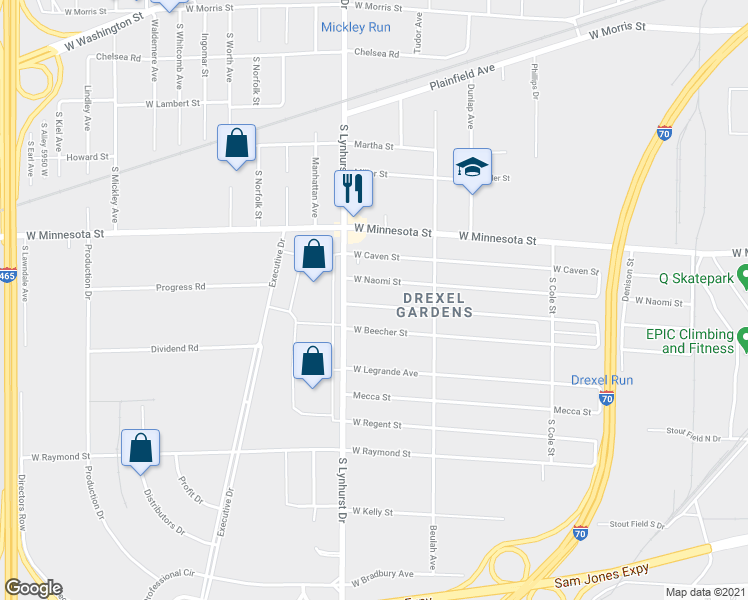 map of restaurants, bars, coffee shops, grocery stores, and more near 5218 Melrose Avenue in Indianapolis
