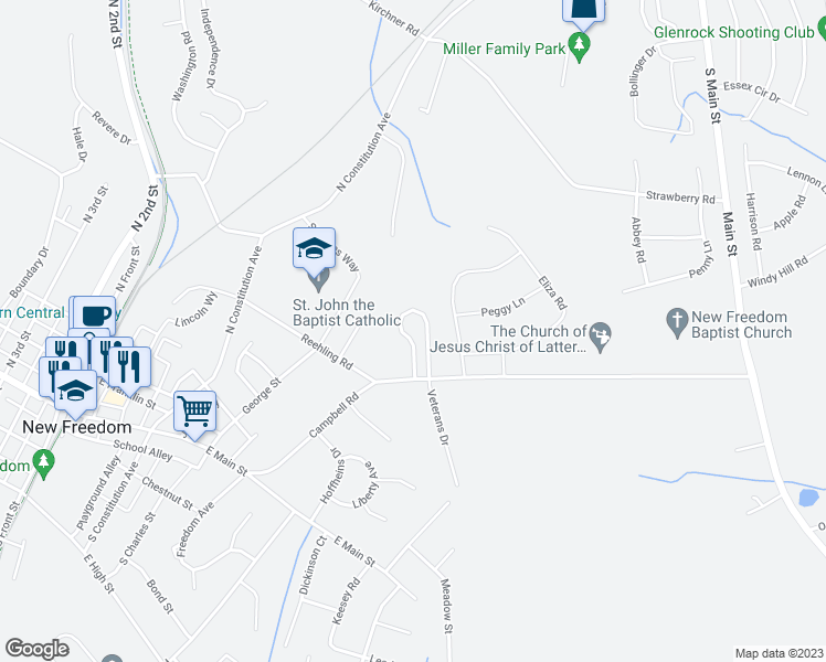 map of restaurants, bars, coffee shops, grocery stores, and more near 44 Wethersfield Drive in New Freedom