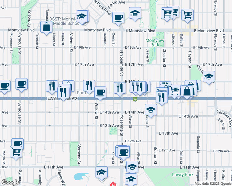 map of restaurants, bars, coffee shops, grocery stores, and more near 1535 Xenia Street in Denver