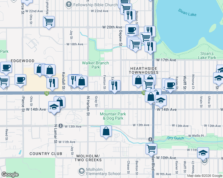 map of restaurants, bars, coffee shops, grocery stores, and more near 5799 West Colfax Avenue in Lakewood