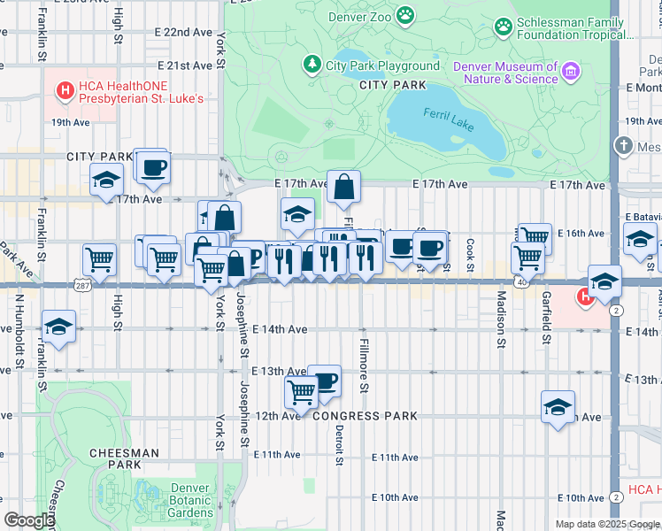 map of restaurants, bars, coffee shops, grocery stores, and more near 1530 Detroit Street in Denver