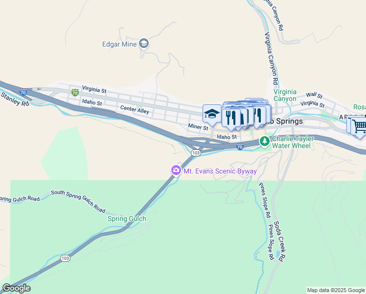 map of restaurants, bars, coffee shops, grocery stores, and more near Idaho Springs Trail in Idaho Springs