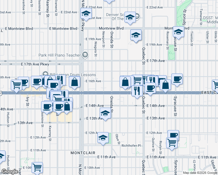 map of restaurants, bars, coffee shops, grocery stores, and more near 1545 Oneida Street in Denver