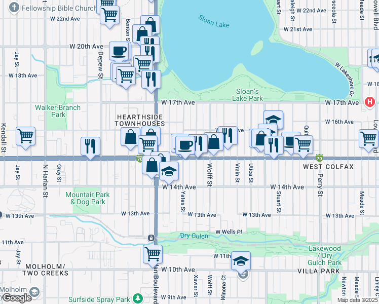 map of restaurants, bars, coffee shops, grocery stores, and more near in Denver