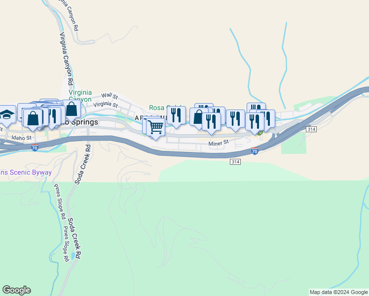 map of restaurants, bars, coffee shops, grocery stores, and more near 2505 Miner Street in Idaho Springs
