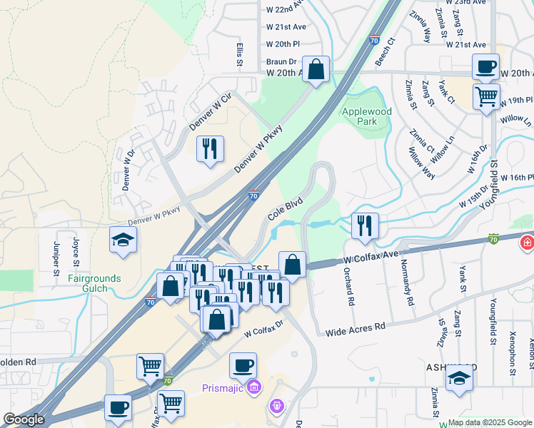 map of restaurants, bars, coffee shops, grocery stores, and more near 1687 Cole Boulevard in Lakewood