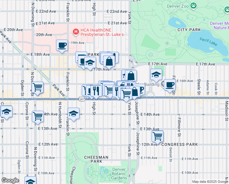 map of restaurants, bars, coffee shops, grocery stores, and more near 1555 Vine Street in Denver