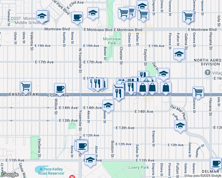 map of restaurants, bars, coffee shops, grocery stores, and more near 1533 Boston Street in Aurora