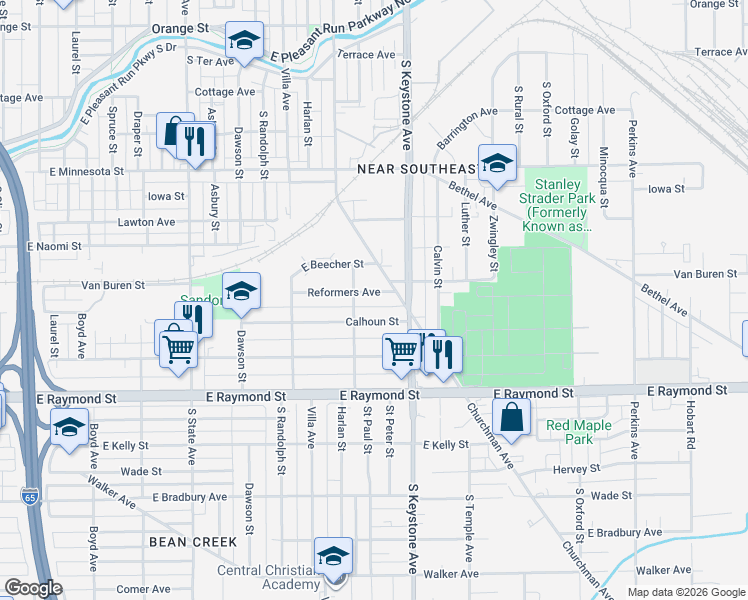 map of restaurants, bars, coffee shops, grocery stores, and more near 2323 Reformers Avenue in Indianapolis