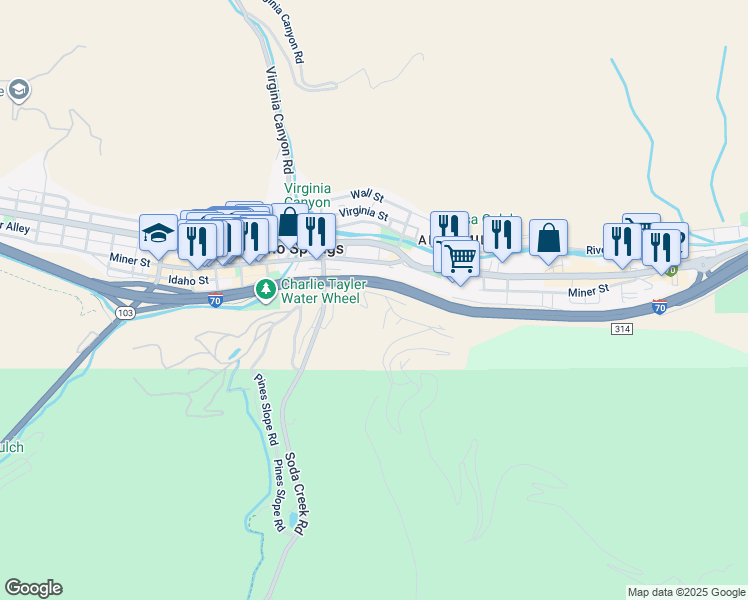 map of restaurants, bars, coffee shops, grocery stores, and more near 15 Waldorf Place in Idaho Springs