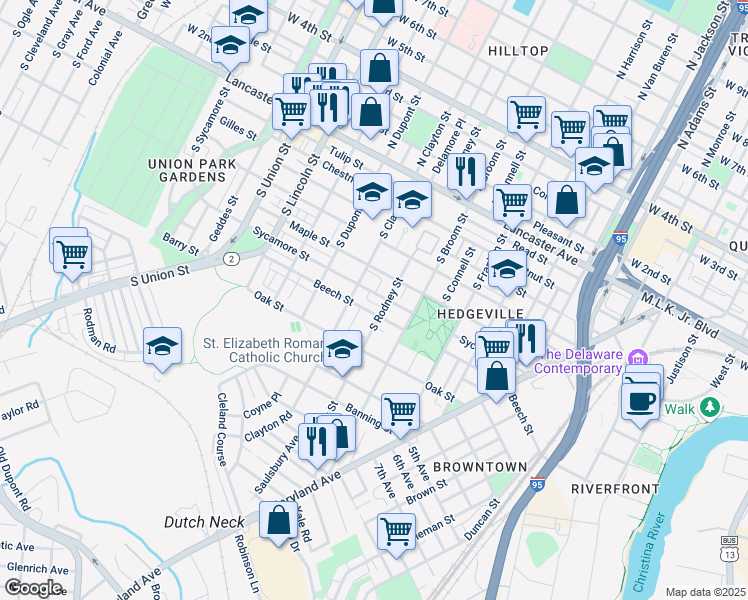 map of restaurants, bars, coffee shops, grocery stores, and more near 1510 Sycamore Street in Wilmington